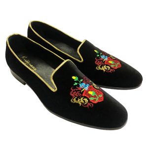 Slippers in velluto con ricamo stemma