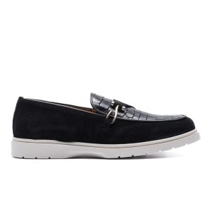 Loafer in Black Suede and Crocodile with hook